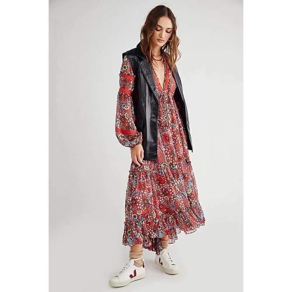 NEW FREE PEOPLE CASSIS PRINTED EMBROIDERED TIERED MAXI RED - Picture 3 of 4